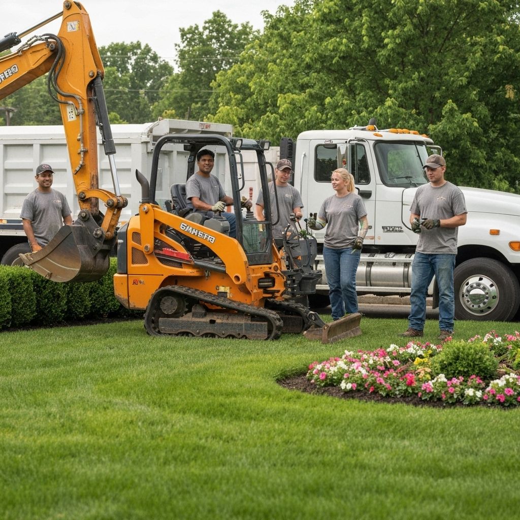 Professional landscape contractor crew working on commercial property with equipment, representing workers' compensation insurance coverage for California landscapers